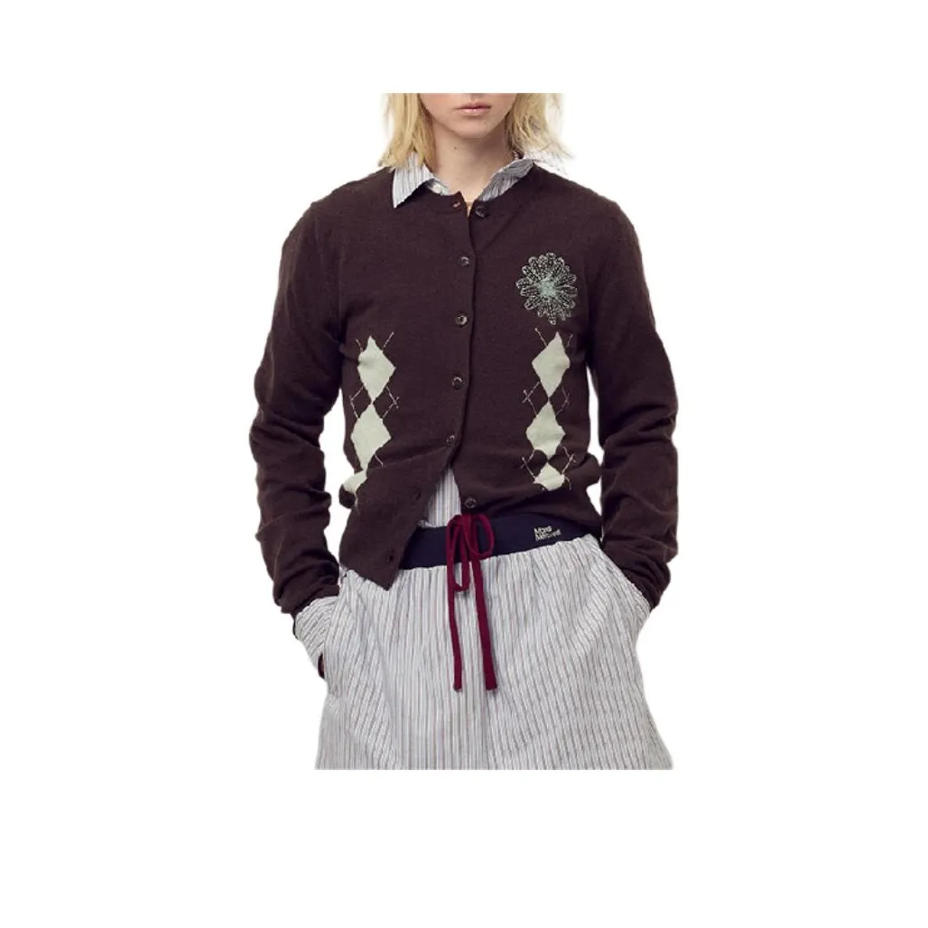 MARDI MERCREDI FW25 Кашемир Смешанный Кардиган Круглый Вырез Аргайл_Коричневый Мятный Трикотаж Женский