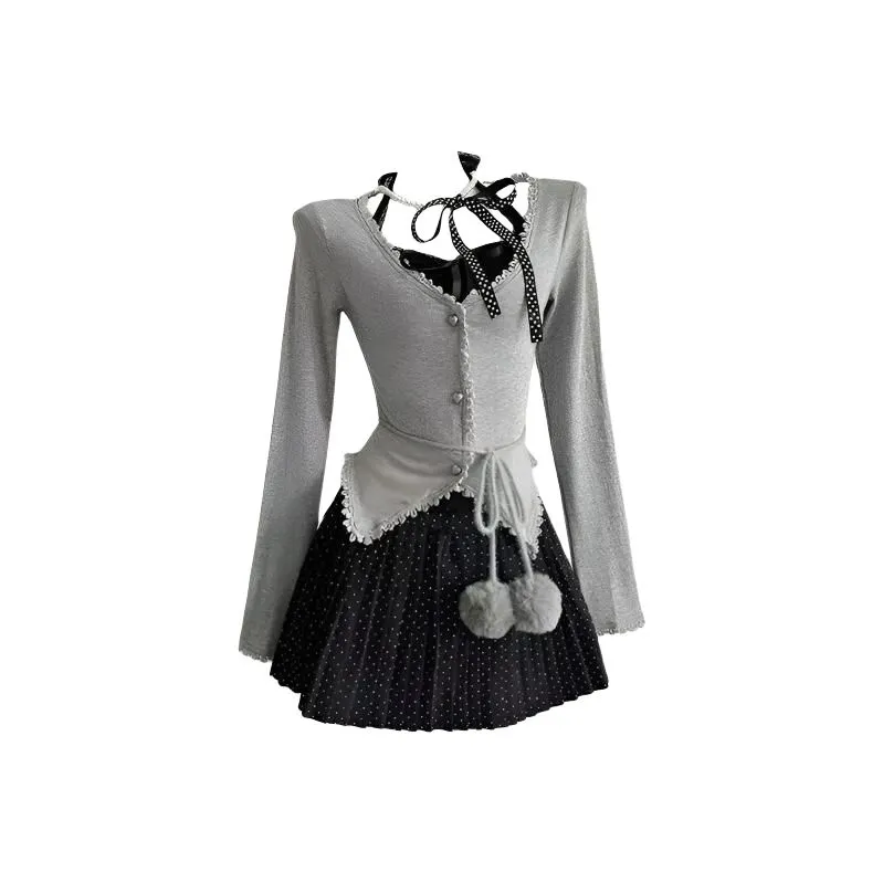 TIBINB Трикотажная ткань Кардиган+Халтер Майка+Гороховый узор Плиссированная юбка Женские Комплекты с юбкой