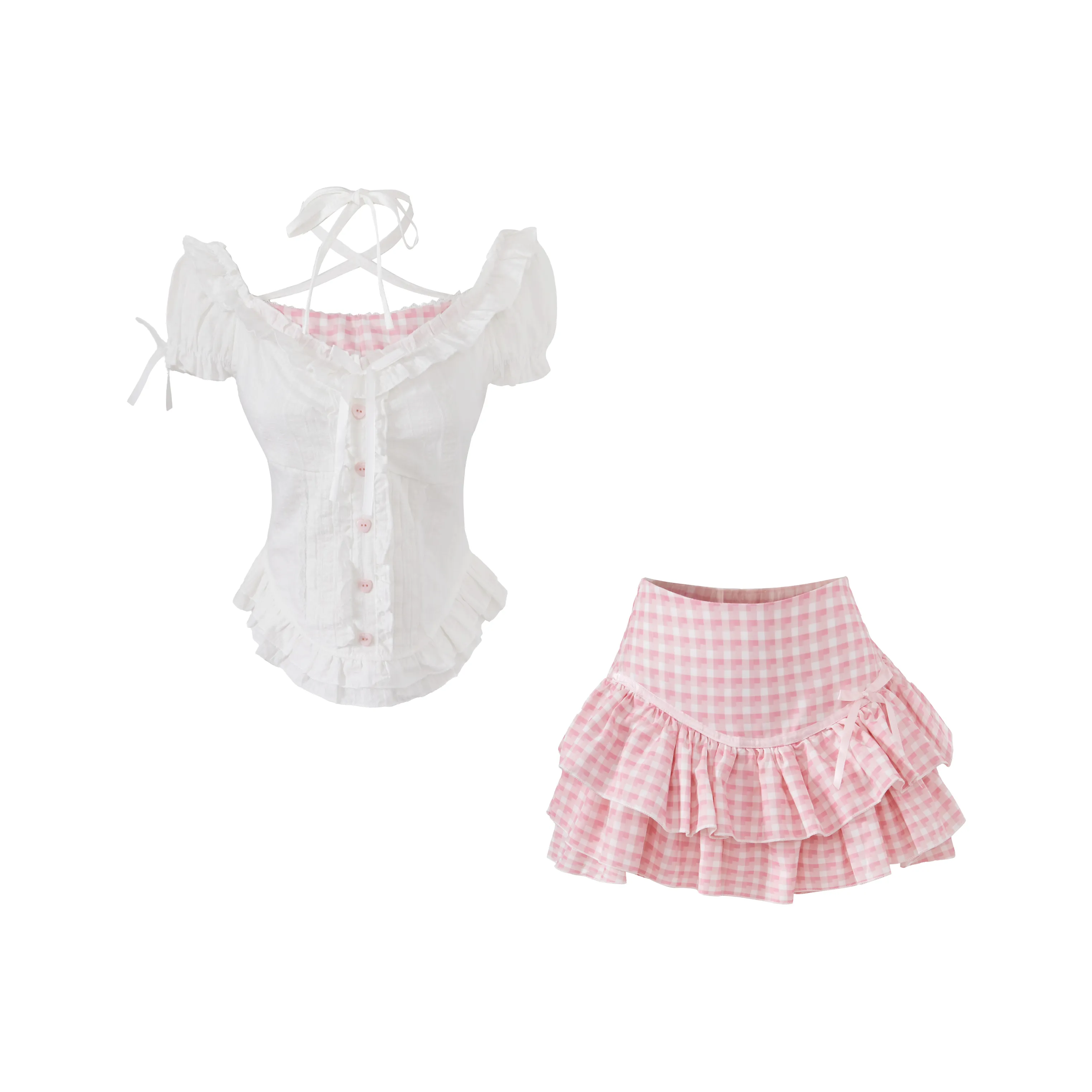 KAZAN Розовый Двухкомпонентный Комплект Белый Топ + Розовая Клетчатая Короткая Юбка Женская Униформа