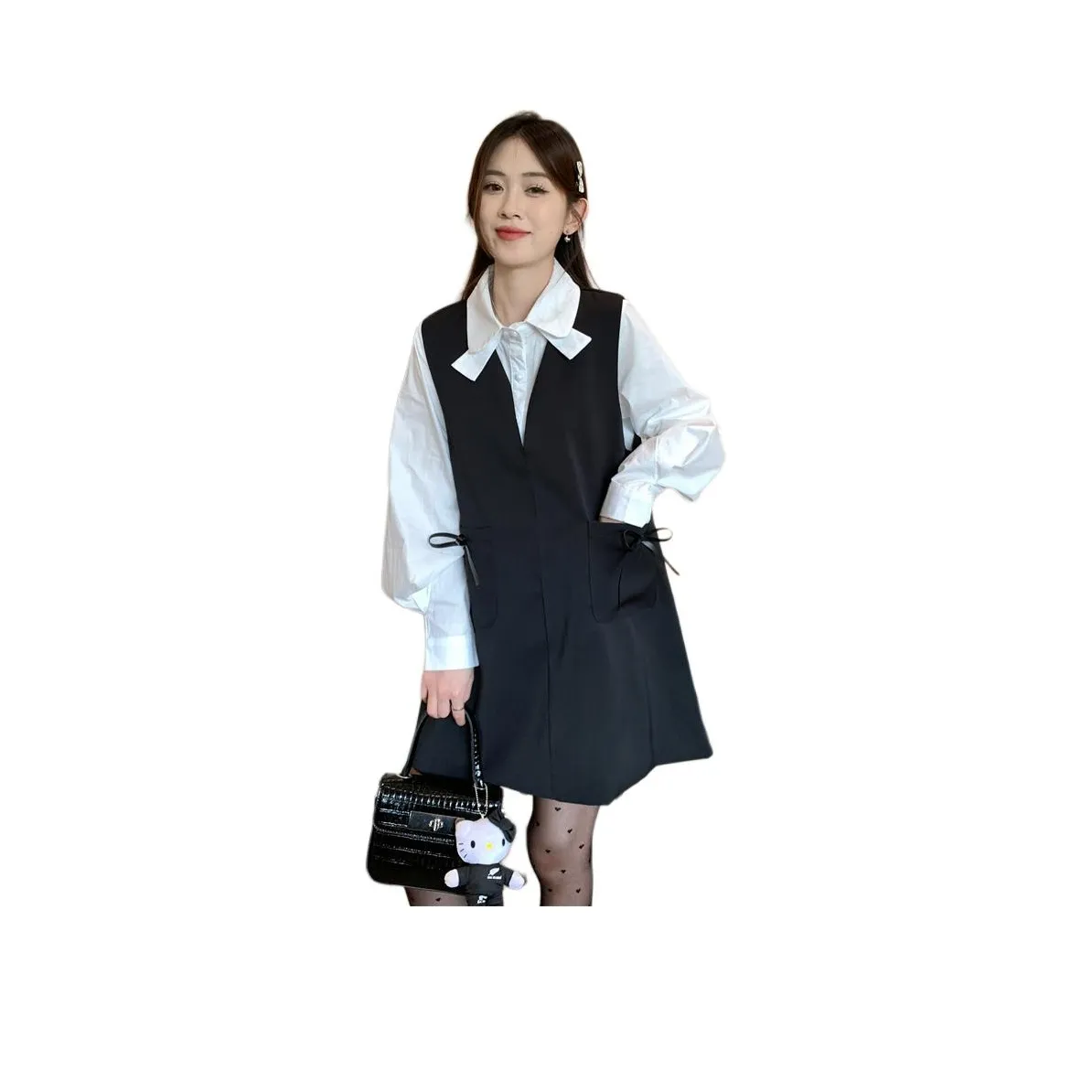 REMOULD Белый Бант Рубашка + Черный Сарафан Женские Комплекты с Юбкой