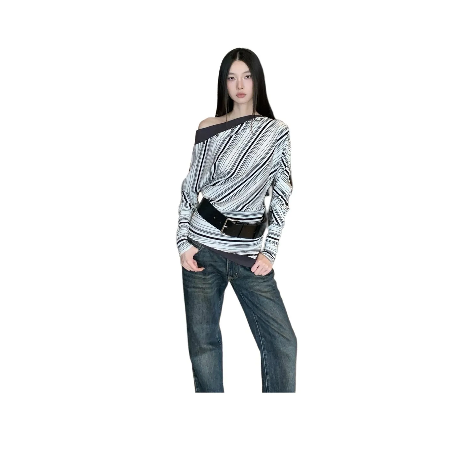 REMOULD Черно-белые полосы Нет Ремень Женские T Рубашки