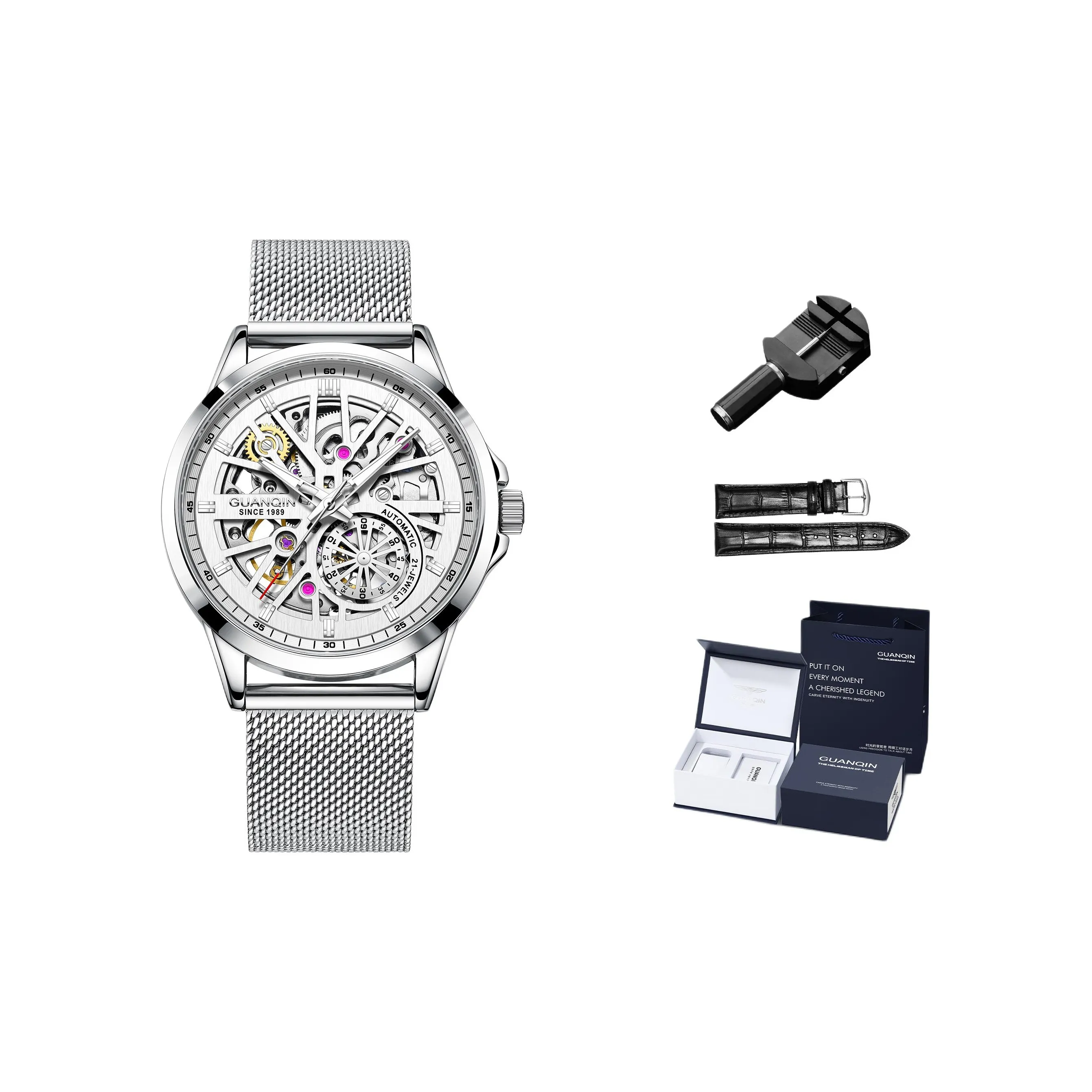 GUANQIN Автоматический механический механизм Сетчатый ремешок Часы Мужские часы Черепный циферблат