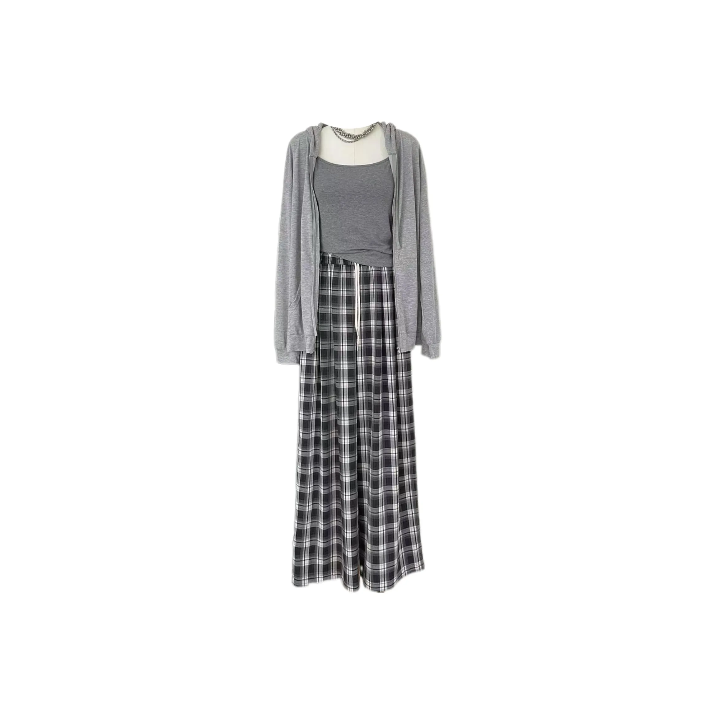 Udon House Кардиган Серый Майка Серый Клетчатые Брюки Женские Повседневные Костюмы