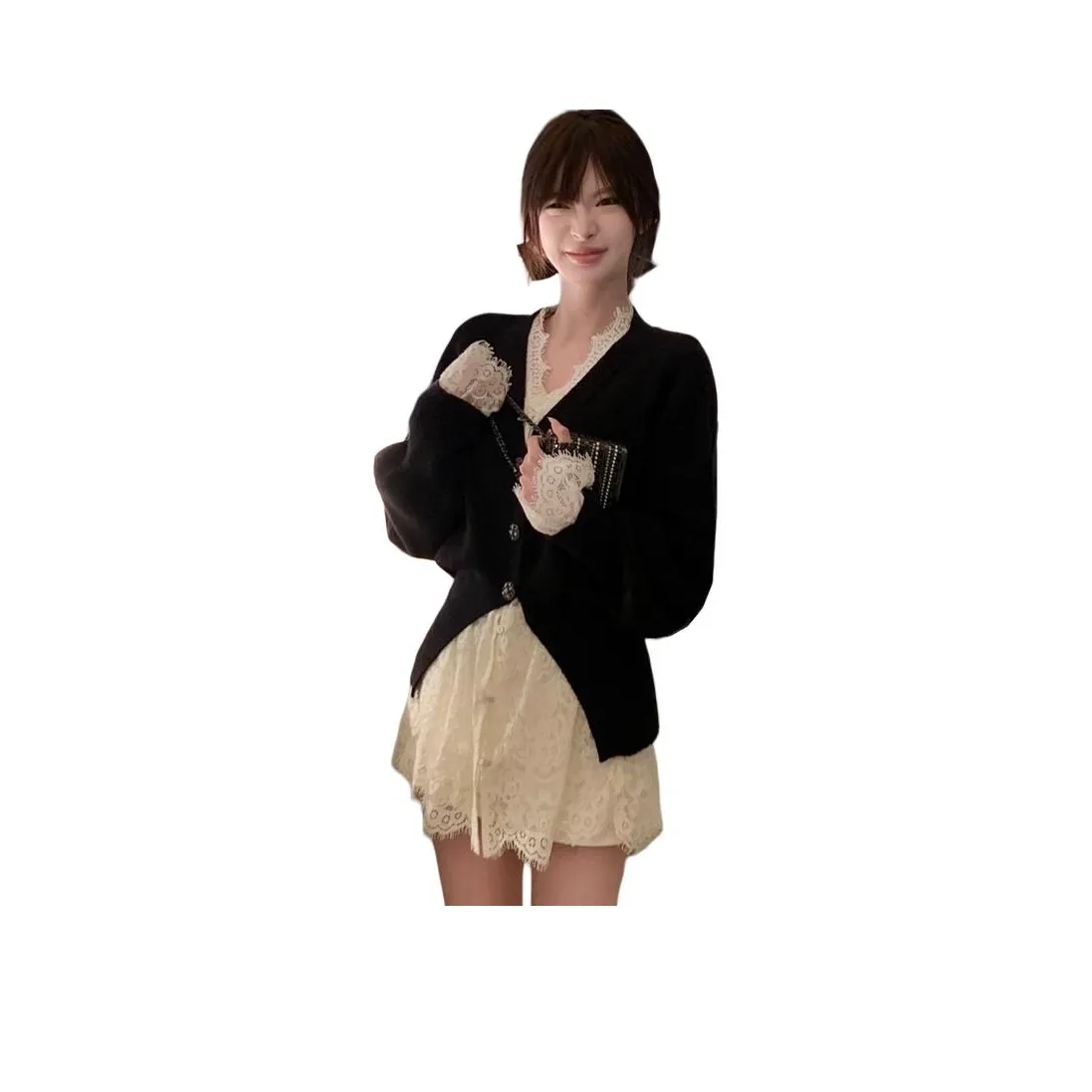 REMOULD Черный Свитер + Белый Кружево Женские Повседневные Костюмы