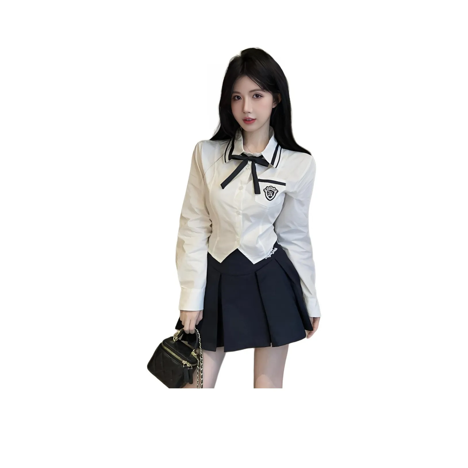SNZX Одежда Комплект Белая Рубашка + Бесплатно Шарфы + Темно-синяя Короткая Юбка Женская Униформа