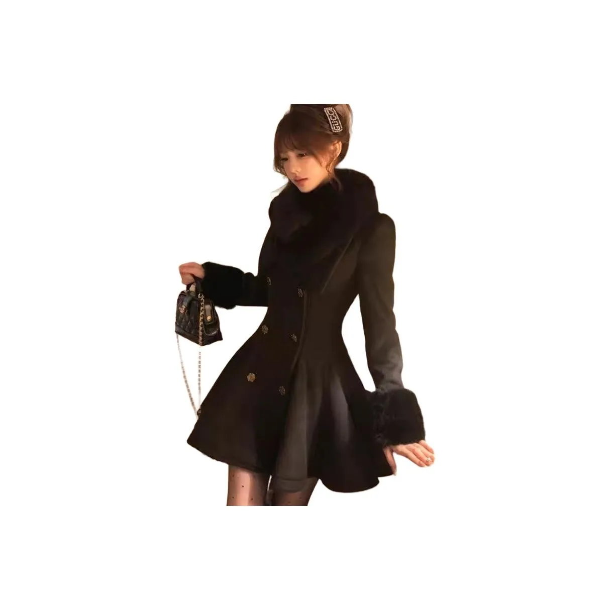 REMOULD Черное пальто + меховой воротник Женское пальто