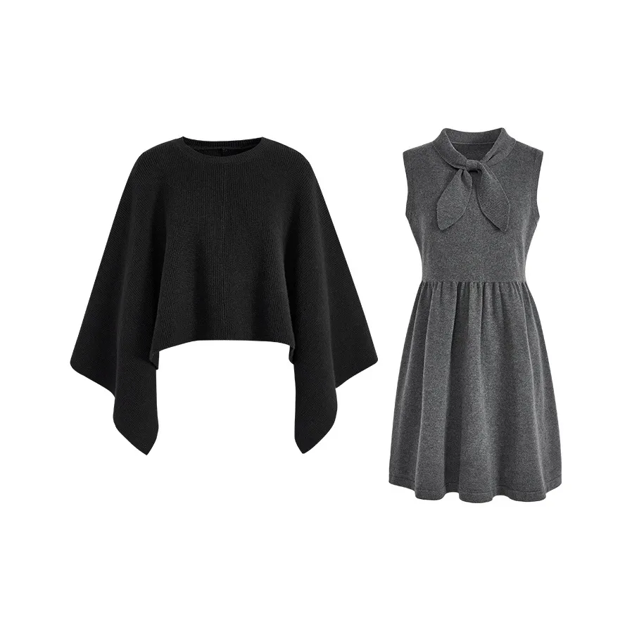 KUOSE Черный Свитер 9024 + Серый Платье 9004 Женские Комплекты с Юбкой