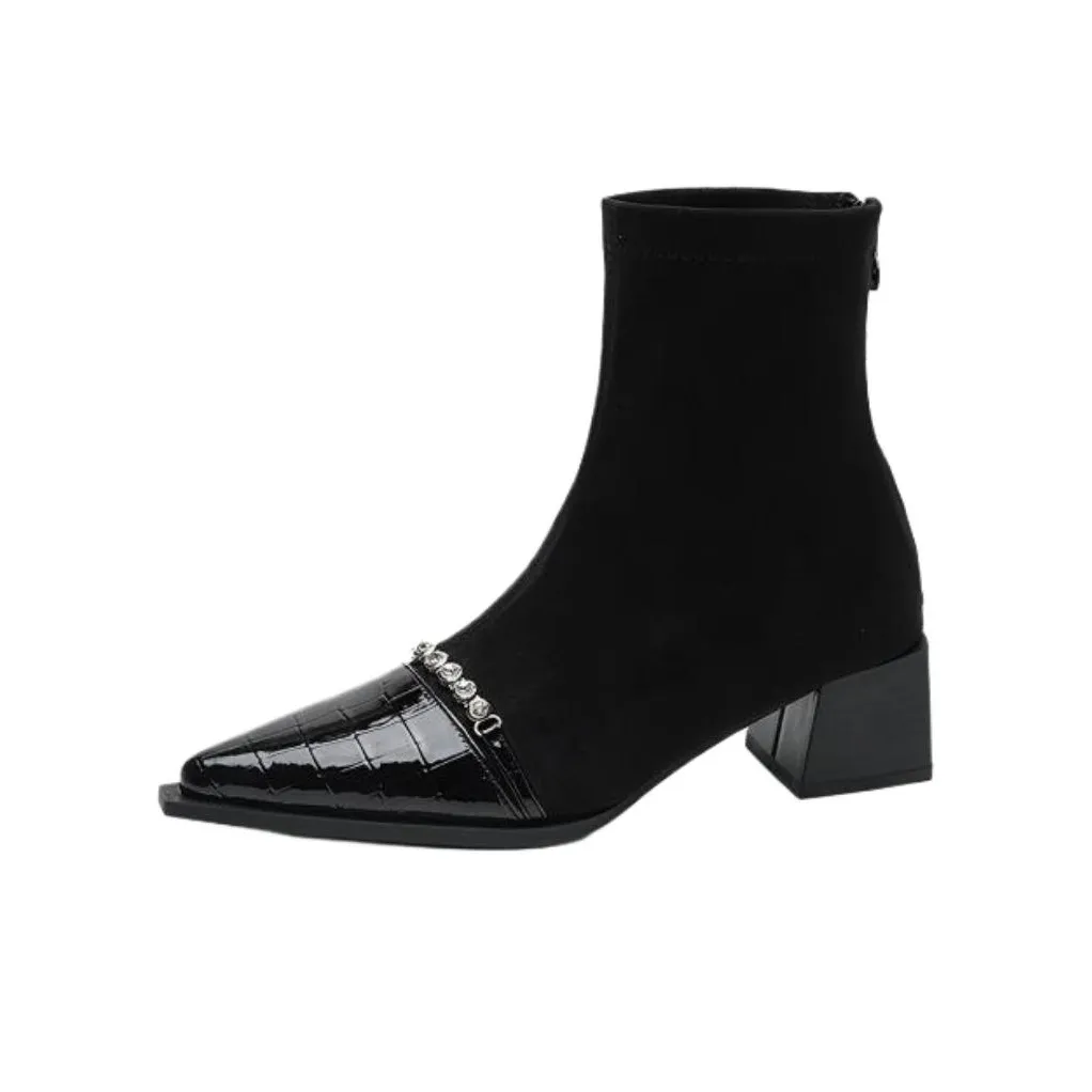 Wuji CHANEL Inspired Заостренный носок Грубый каблук Стразы Ботильоны Для Женщин Женские