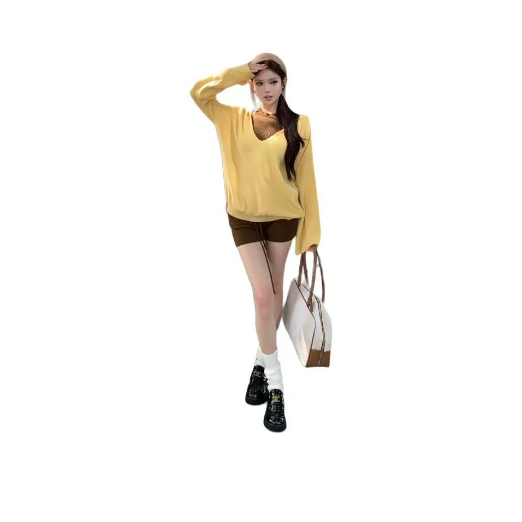 ZVJH Желтый Свитер+Майка+Шорты Женские Повседневные Костюмы