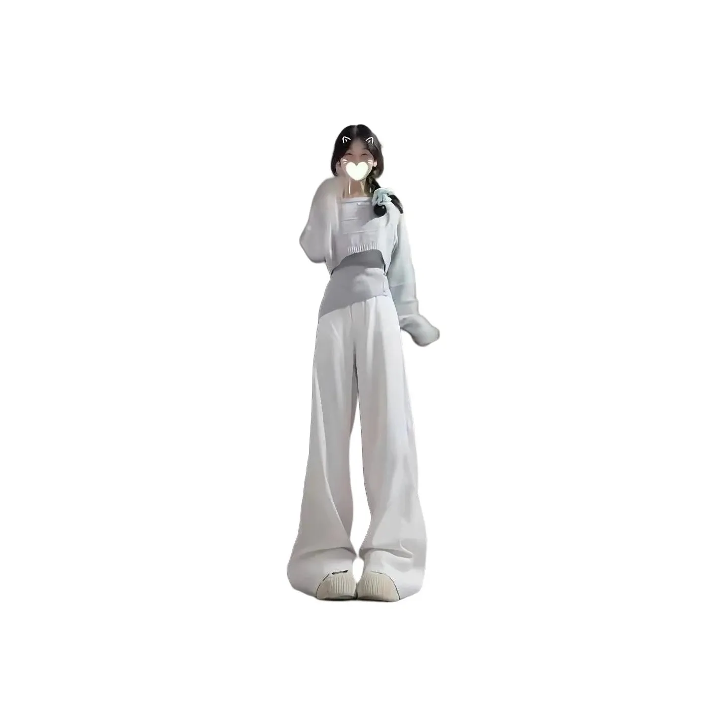 ZVJH Серый топ + трикотаж + широкие брюки Женские повседневные костюмы