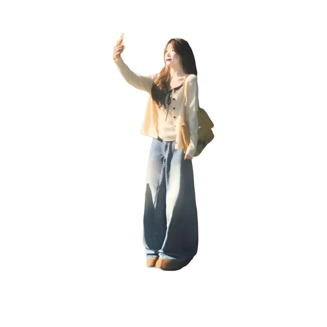 ZVJH Экрю Топ Двухкомпонентный Комплект + Синие Штаны Женские Повседневные Костюмы