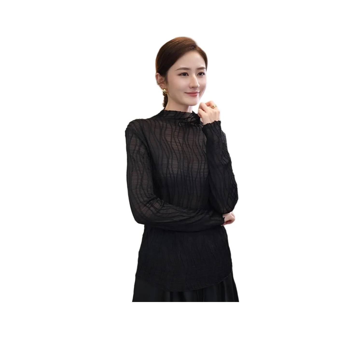 Tang Xi Черный Пуловер V-образный вырез Длинный рукав Elegant Elegance Модный UNIQUE Топ Женские