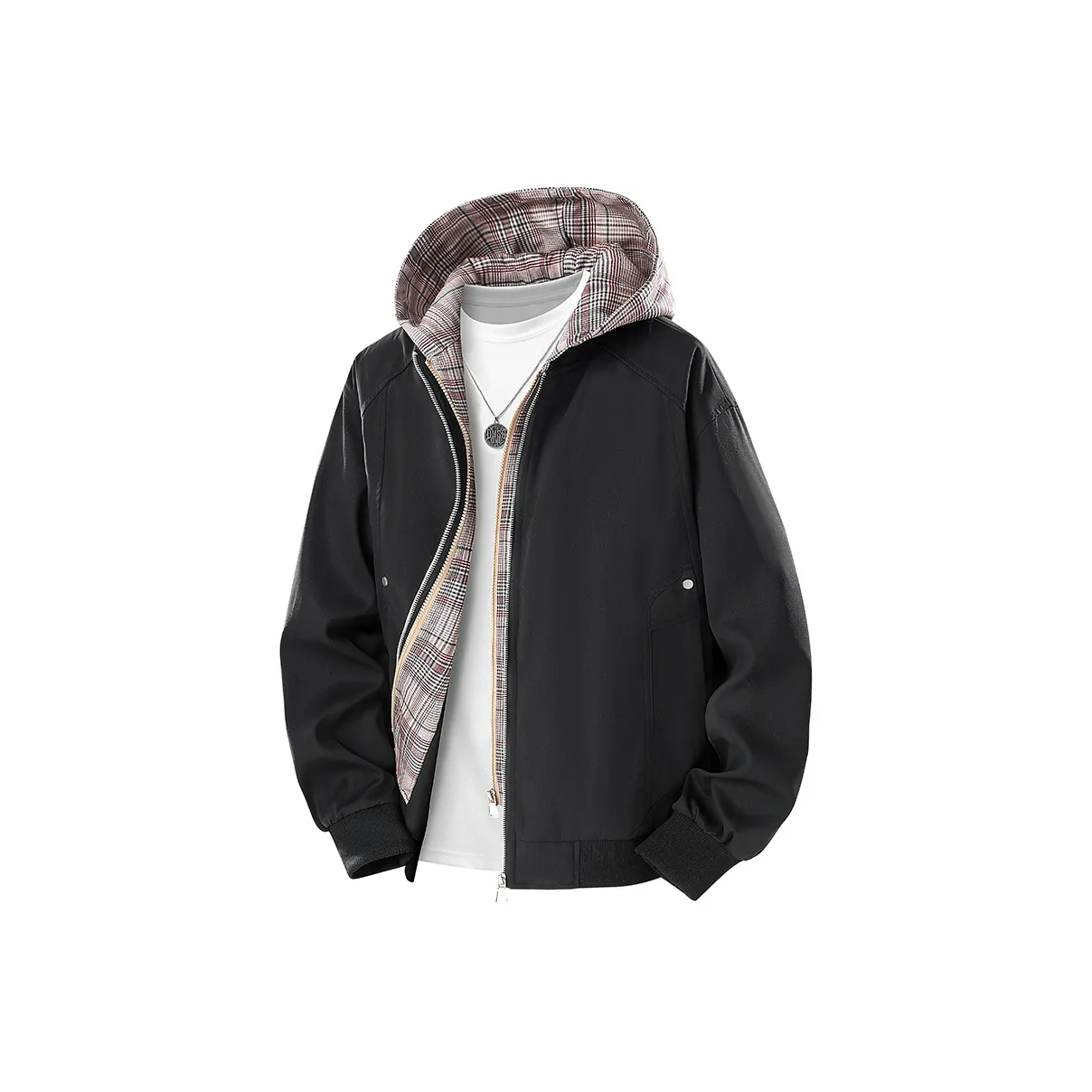 PGNC Ветрозащитный молния пальто подкладка клетка дизайн свободный крой повседневный топ мужской