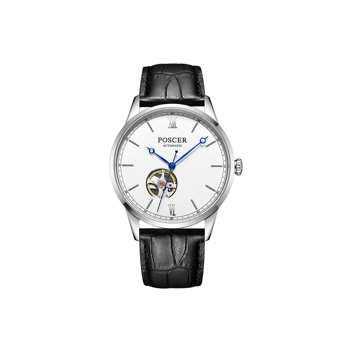 POSCER Механические часы с кожаным ремешком из коровьей кожи белый циферблат мужские часы