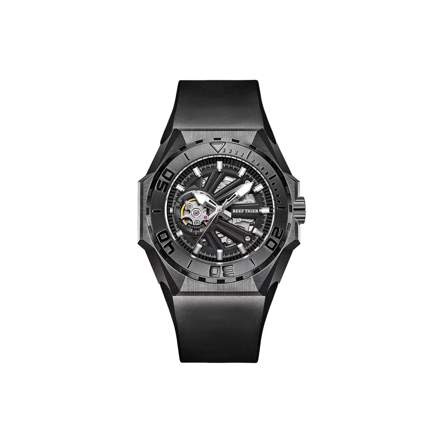 REEF TIGER Автоматический Механический Механизм Силиконовый Ремешок Часы Мужские Черный Циферблат