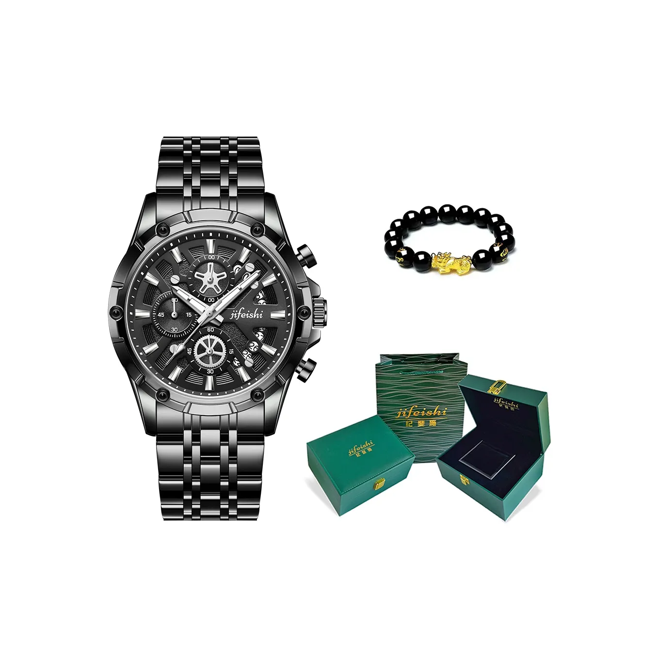 JIFEISHI Кварцевый механизм ремешок из нержавеющей стали черный циферблат мужские часы