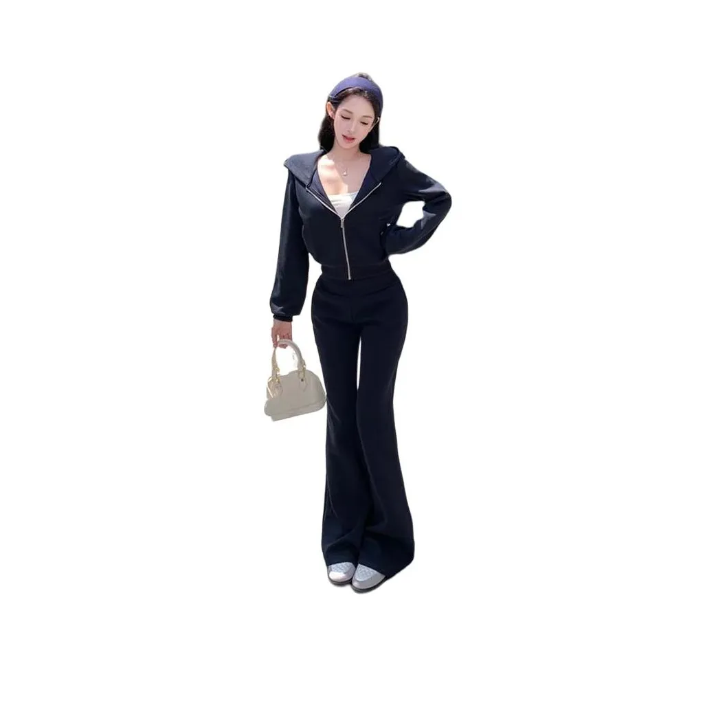 ZVJH Темно-синий топ + Темно-синие штаны Женские повседневные костюмы