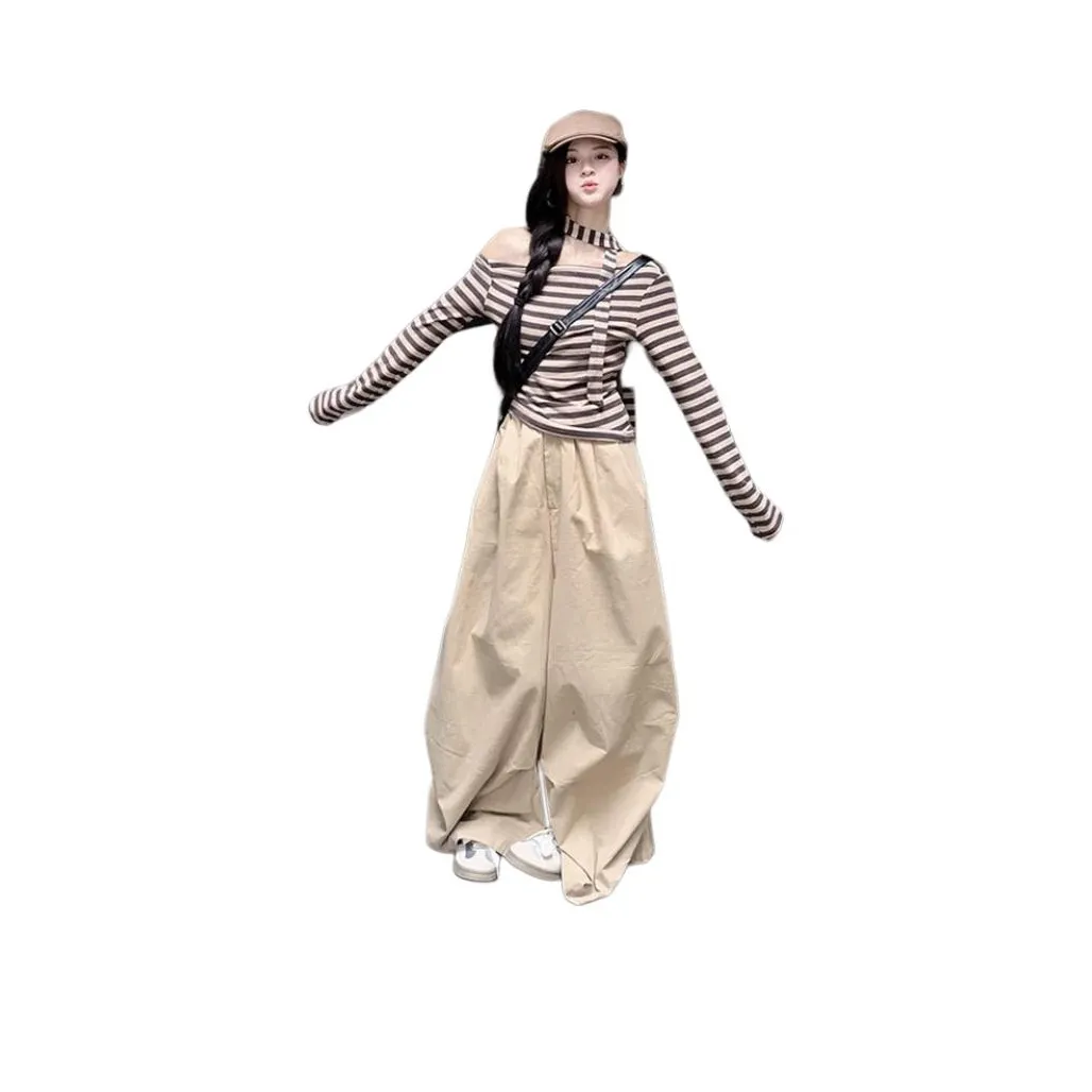 ZVJH Коричневый Абрикос Полосы Топ + Хаки Повседневные Штаны Женские Повседневные Костюмы