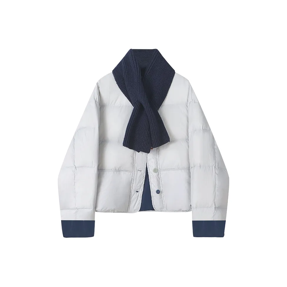 ZVJH Синий хлопковый пуховик + шарф Женские пуховики (пуховики)