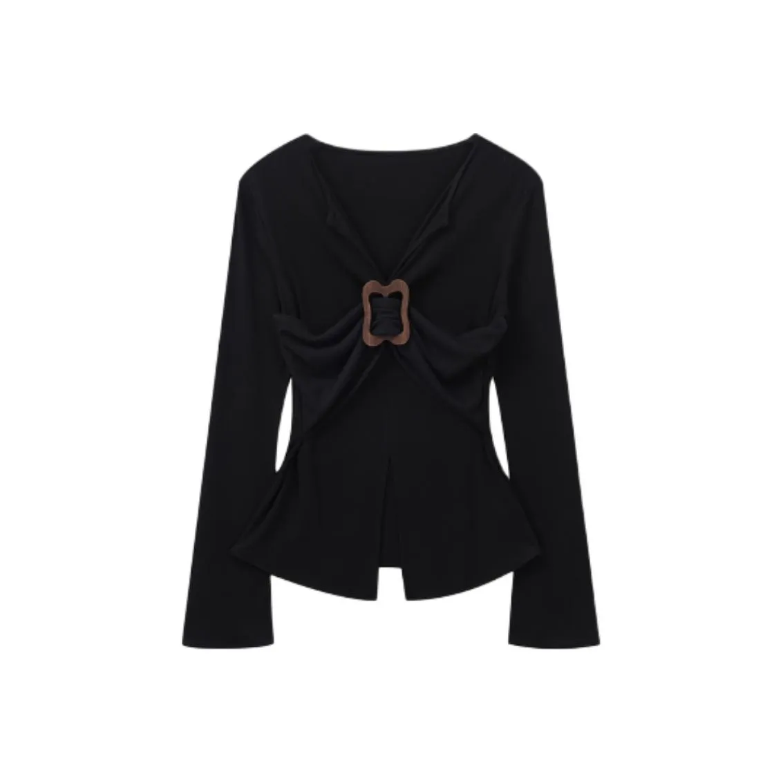 EMDPN Предосенний облегающий крой утяжка на талии расклешенные рукава трикотажная ткань топ женский