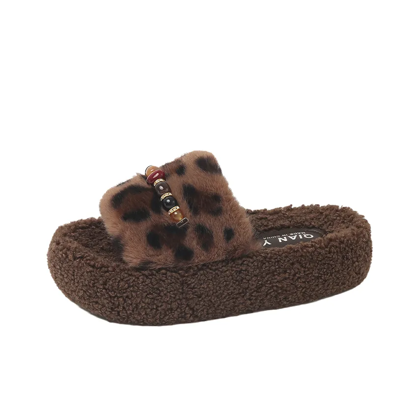 WUJI Резина Леопард С принтом Платформа One Piece Пушистые тапочки Женские