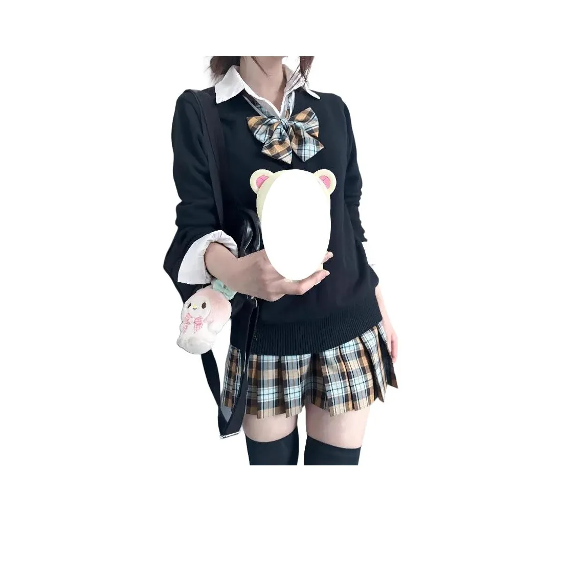 ZVJH Черный Свитер+Рубашка+Короткая Юбка+Галстуки-бабочки Женские Комплекты с Юбкой