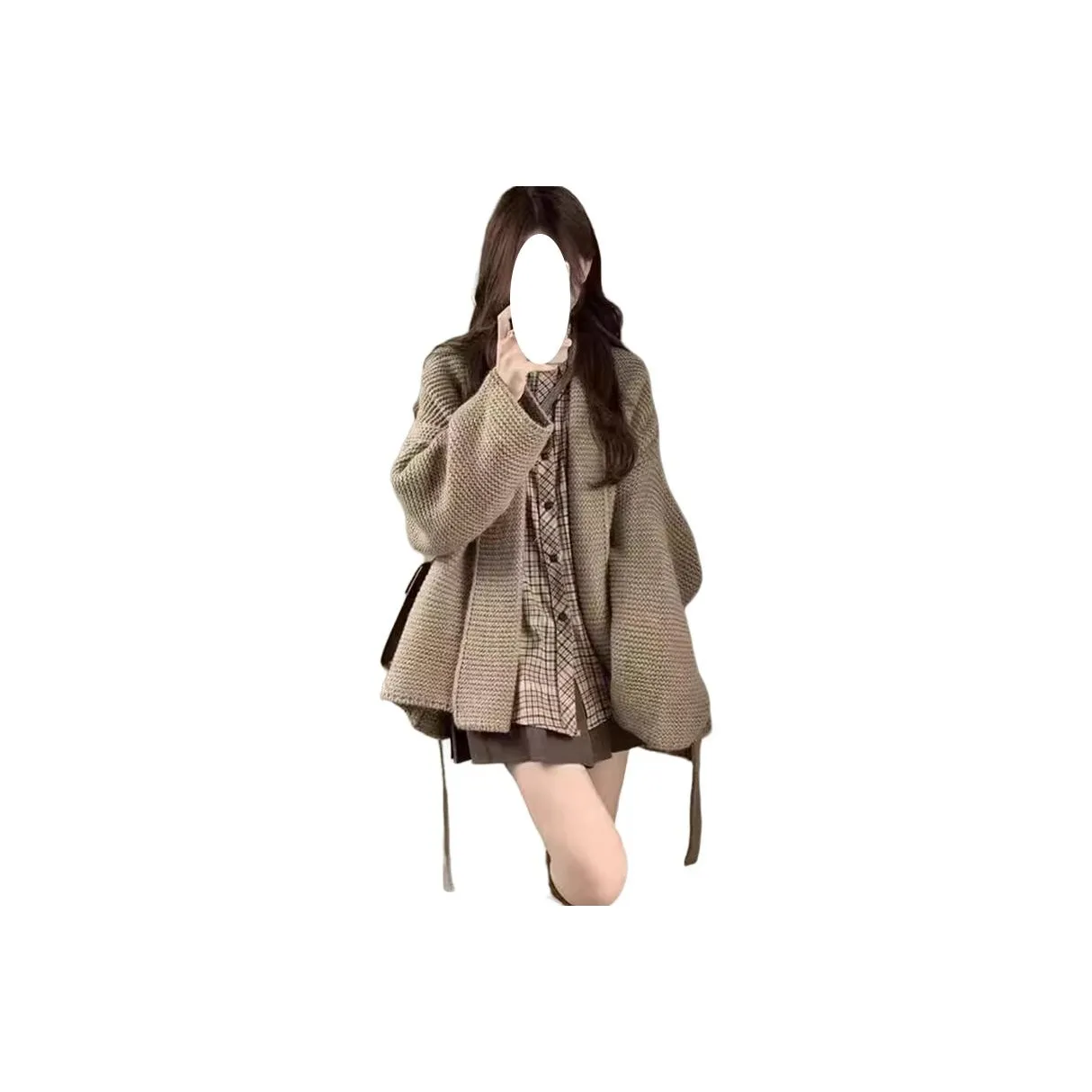 ZVJH Хаки Свитер+Рубашка+Короткая Юбка Женские Комплекты с Юбкой