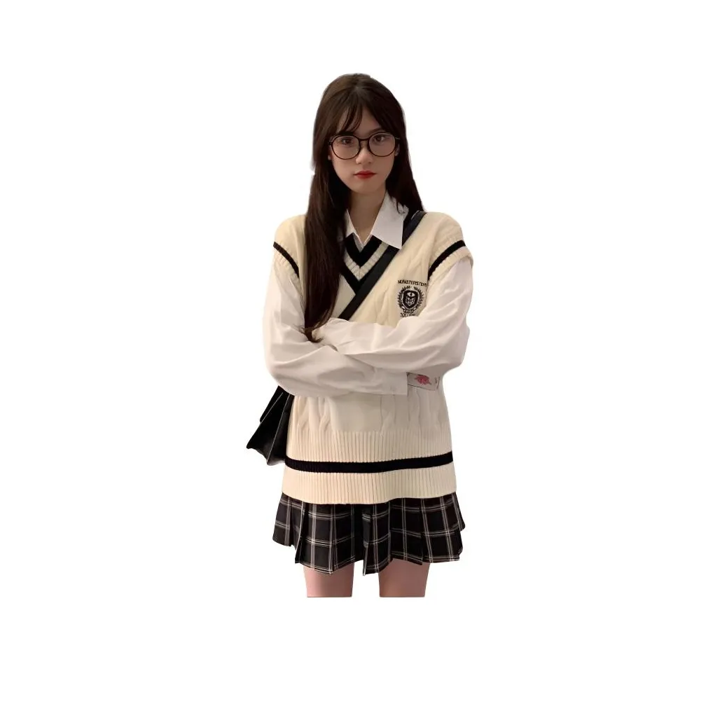 ZVJH Белая рубашка + Абрикосовый жилет Женские трикотаж