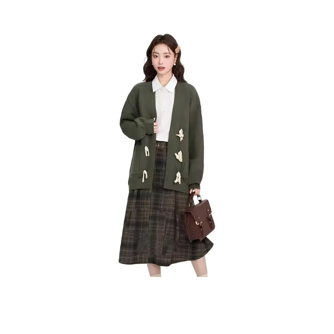 ZVJH Зеленый Свитер + Клетчатая Юбка Женские Комплекты с Юбкой