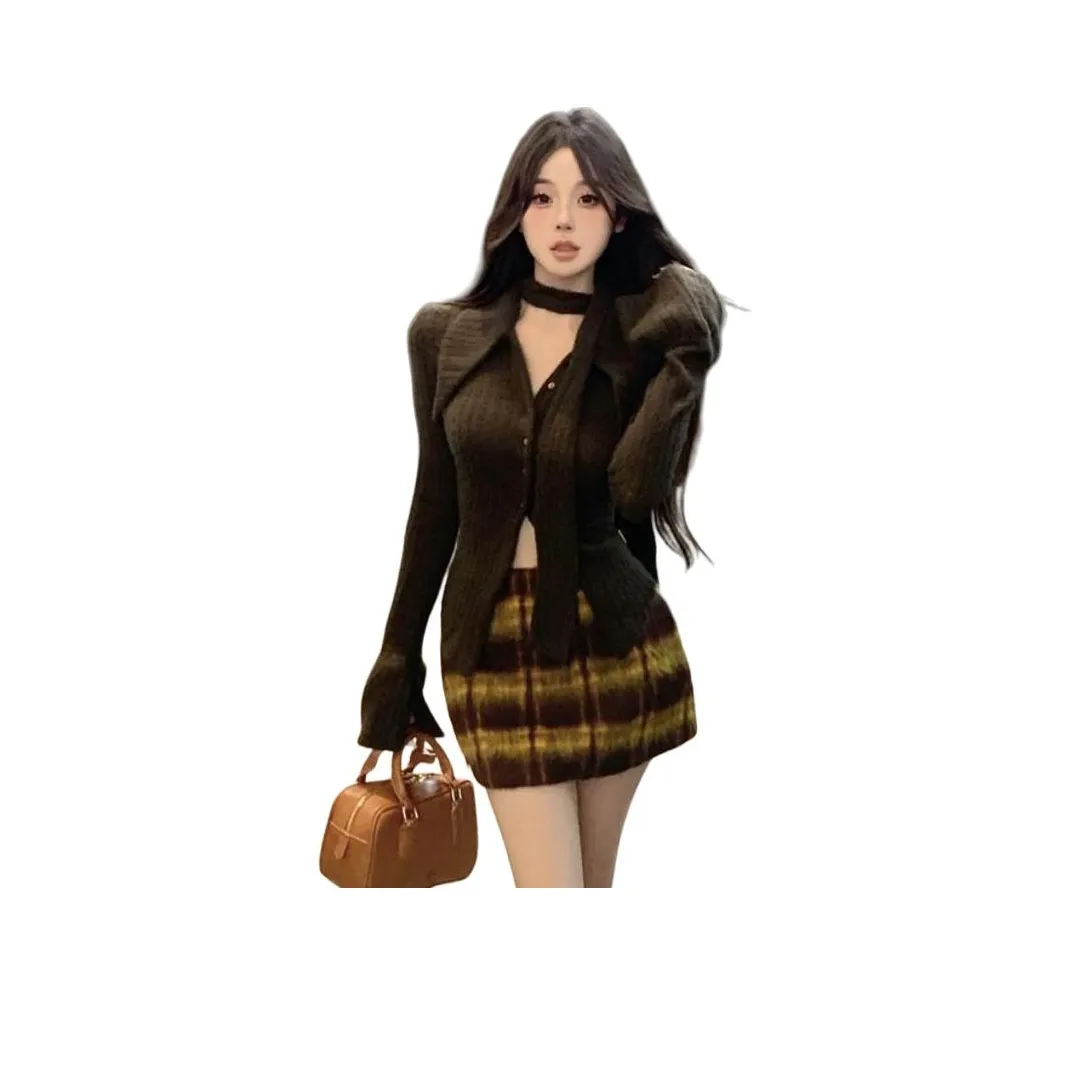 ZVJH Клетчатая короткая юбка + коричневый топ с шарфом женские комплекты с юбкой