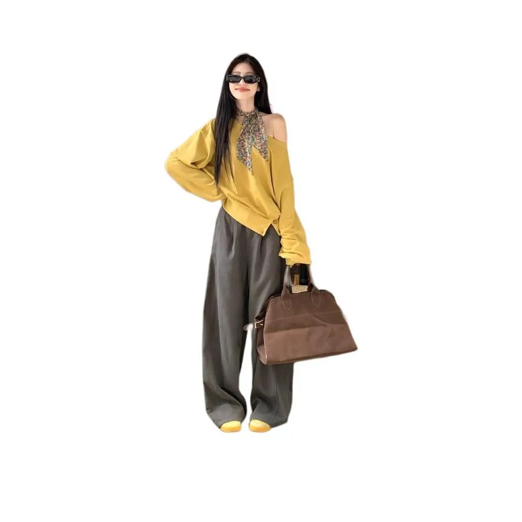 ZVJH Серые штаны + Желтый свитшот с шелковым шарфом Женские повседневные костюмы