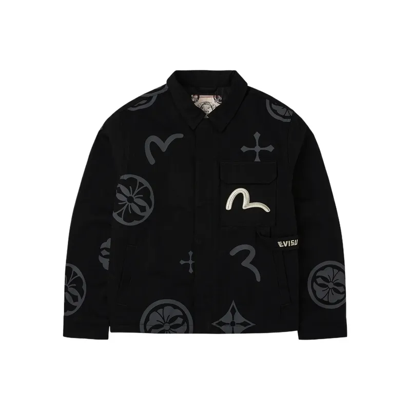 EVISU Джинсовая куртка черного цвета с принтом по всей поверхности мужская