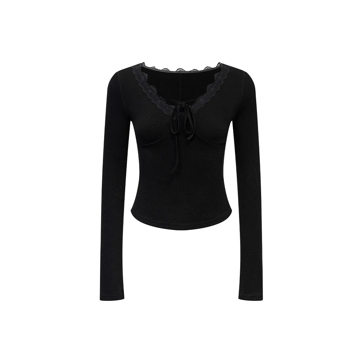 Ariseism Кружевная отделка V-образный вырез Трикотажная ткань Длинный рукав Трикотажная рубашка для женщин Осенний облегающий крой Топ для женщин