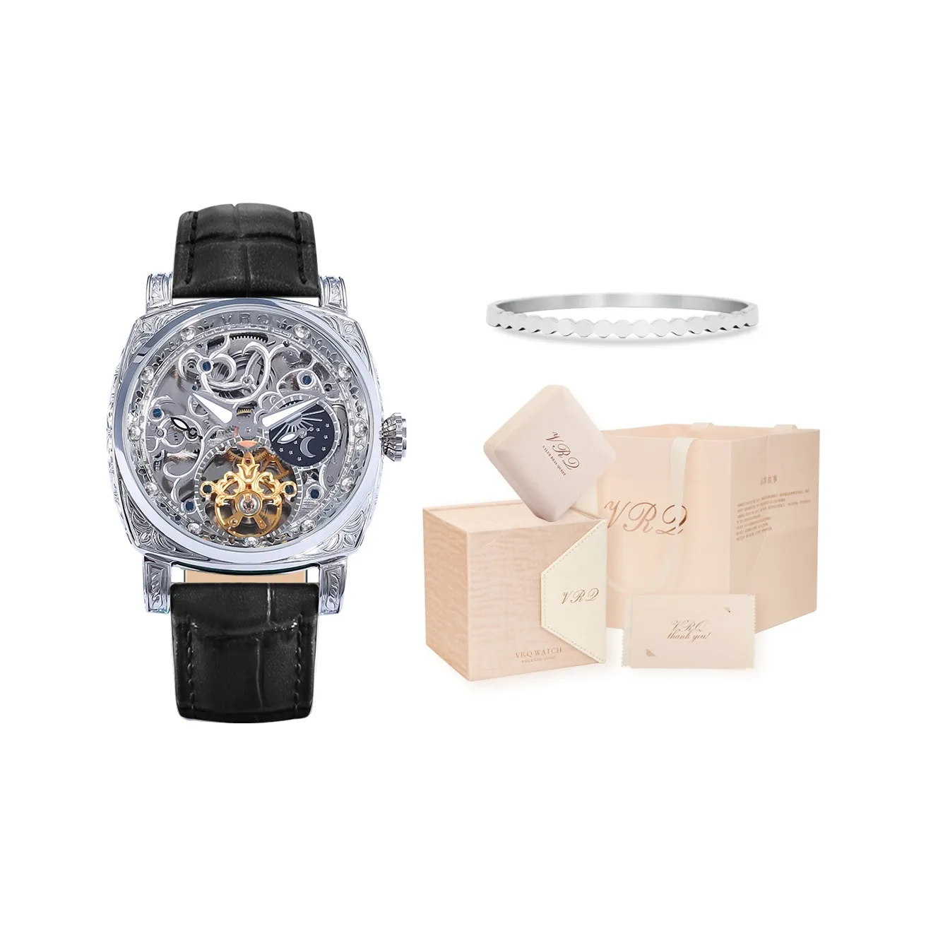 VRQ Faith Series Windsor BW5 Автоматический Механический Механизм Часы с Естественной Кожей Ремешок Женские Часы с Черепным Циферблатом