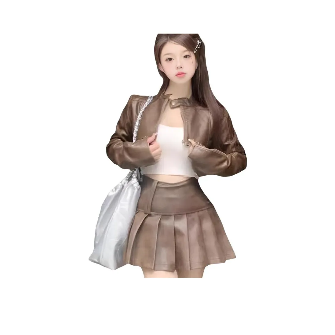 ZVJH Коричневый Топ + Юбка с оборками Женские Комплекты Юбка