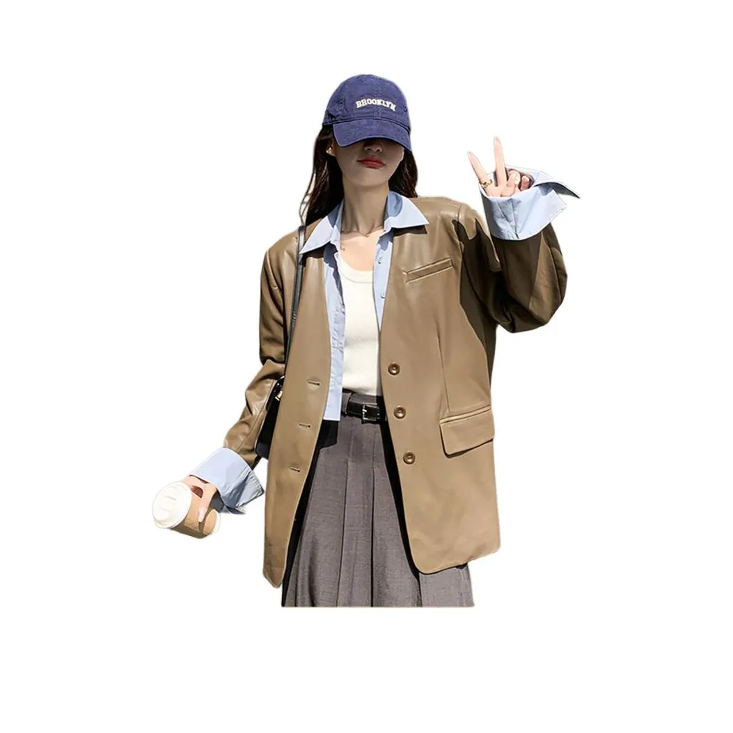 OURUOKE Коричневый Женские Кожаные Куртки