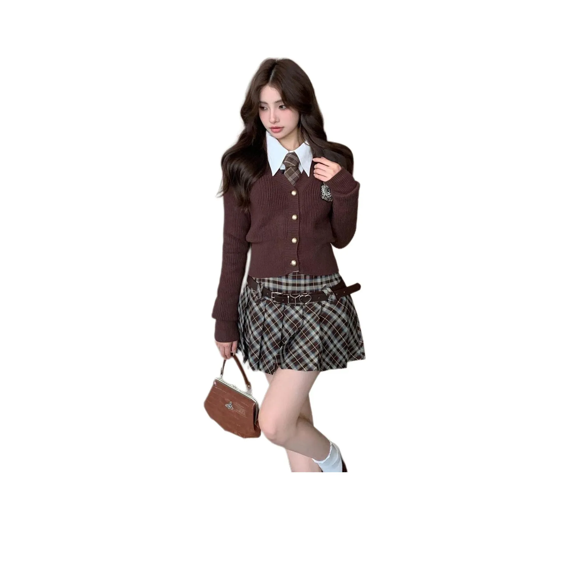 OURUOKE Коричневый Трикотаж + Топ + Юбка с оборками + Галстук + Ремень Женские Комплекты с юбкой