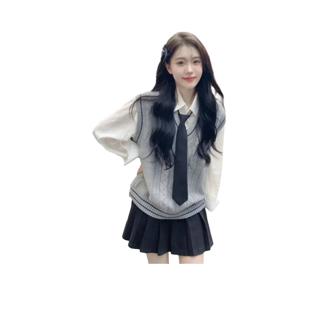 OURUOKE Белая рубашка + Черная юбка с оборками + Серый жилет + Галстук Женские комплекты с юбкой