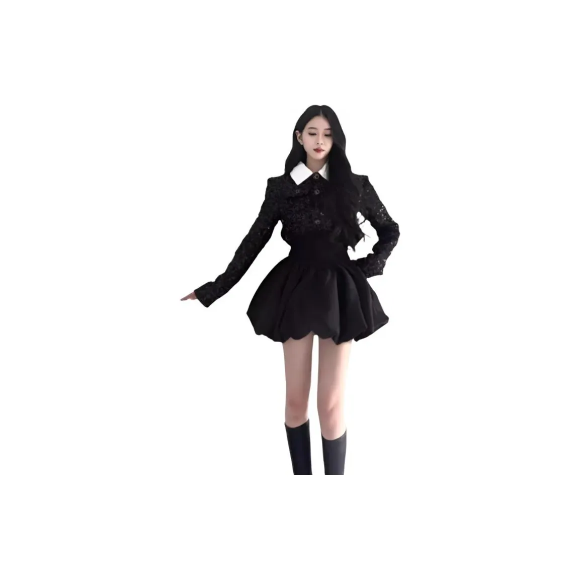 OURUOKE Черное пальто + платье женские комплекты с юбкой