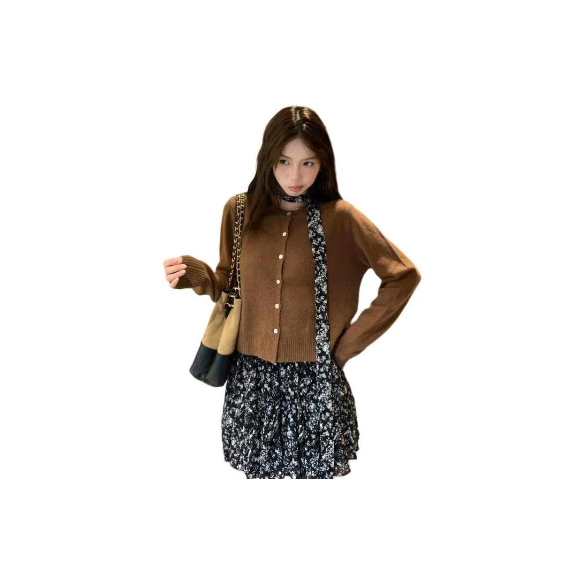 OURUOKE Темный кофейный кардиган + цветочная короткая юбка + пояс женские комплекты с юбкой