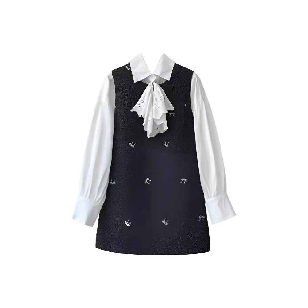 OURUOKE Белый воротник галстук-бабочка рубашка + черный бант жилет юбка двухкомпонентный комплект женские юбочные костюмы