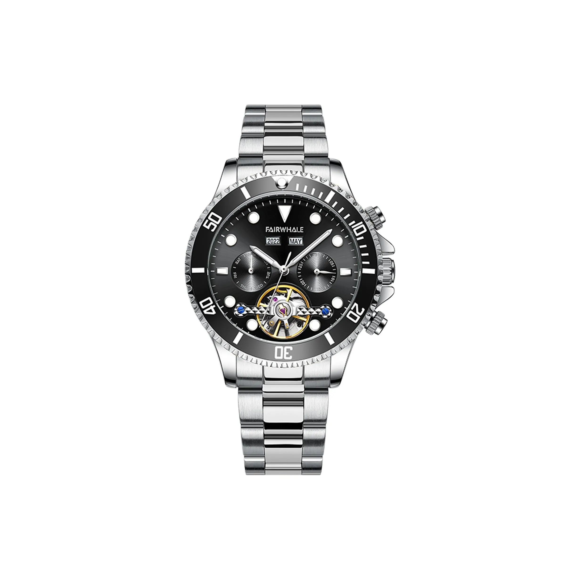 FAIRWHALE Механический механизм Металлический ремешок Часы Мужские Черный циферблат