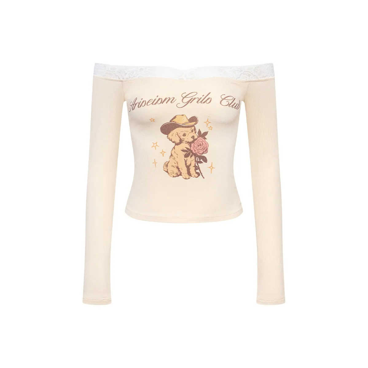 Ariseism Стандартный Кружевная отделка Off The Плечо Длинный рукав Т-рубашка для Женщин Осенний Облегающий крой Топ для Женщин