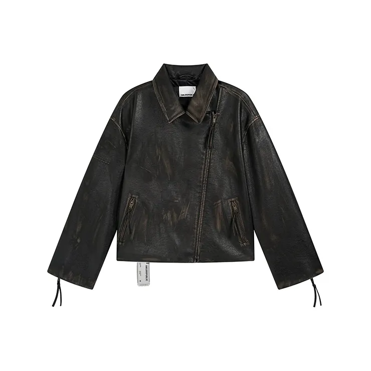 SMILEREPUBLIC Потертый Loose Fit PU кожа Куртка Унисекс