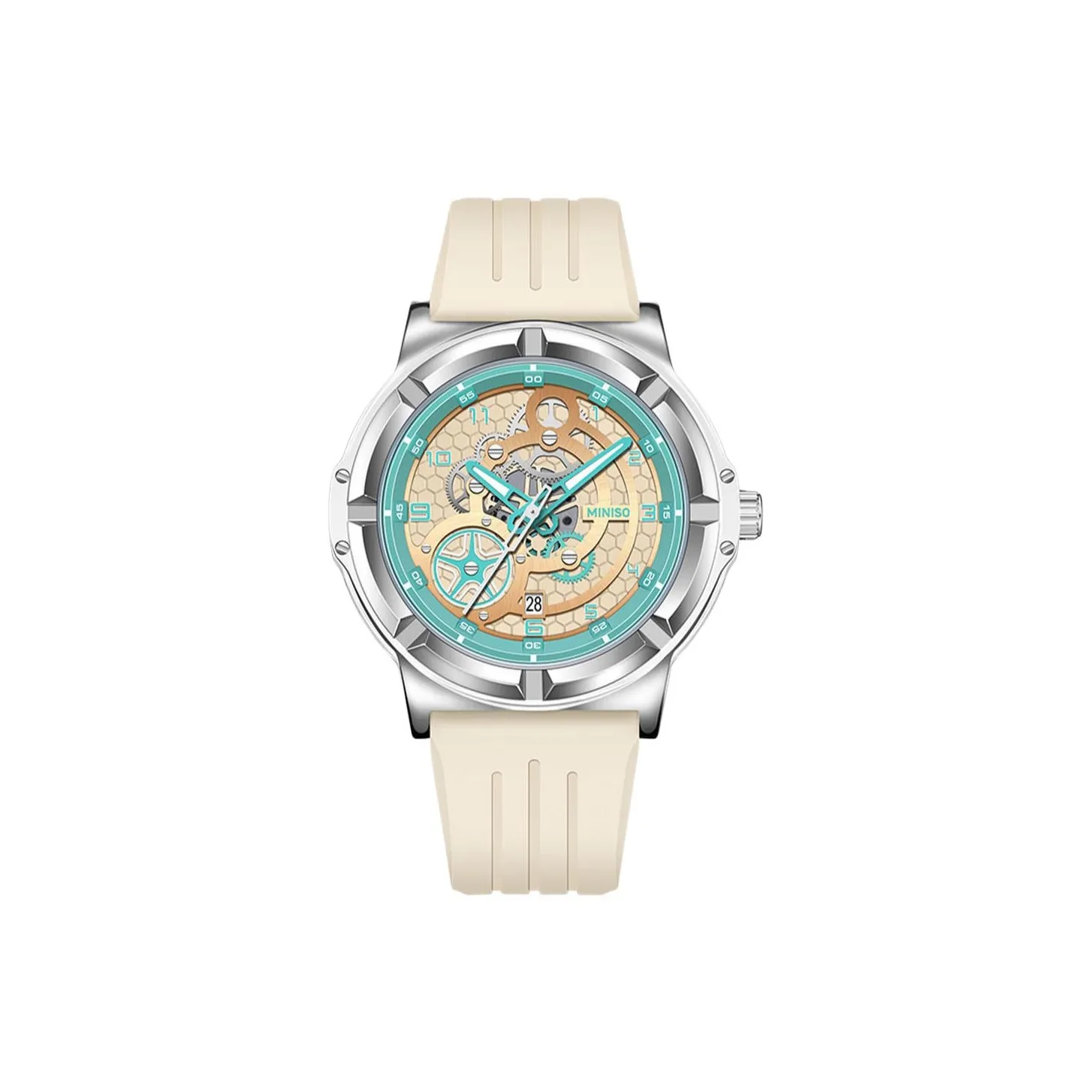 Miniso Кварцевый механизм резиновый ремешок мужские часы бежевый циферблат