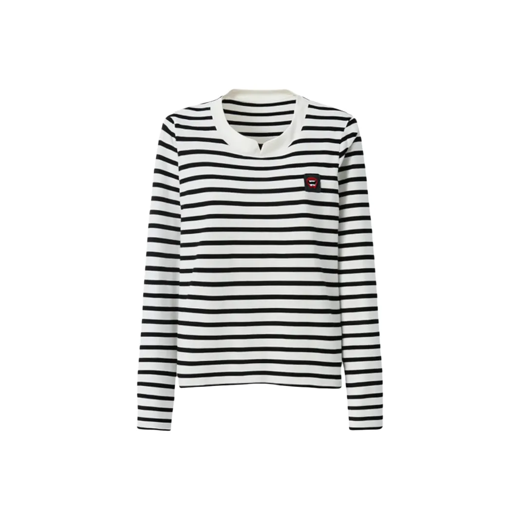 LUYOUYE Белая подкладочная ткань Черные полосы Длинный рукав Женская футболка