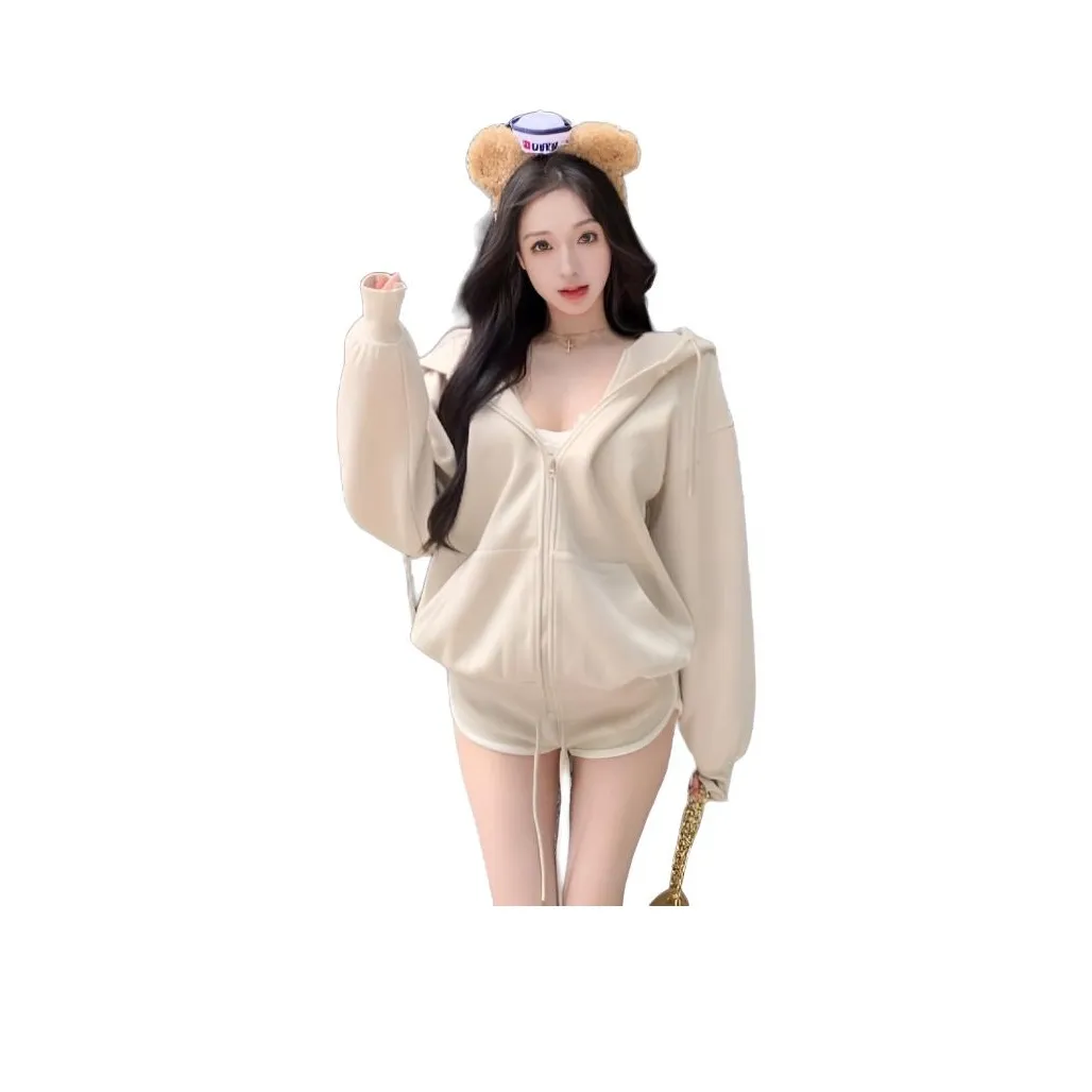 OURUOKE Солодово-бежевый пальто + солодово-бежевые шорты женские повседневные костюмы