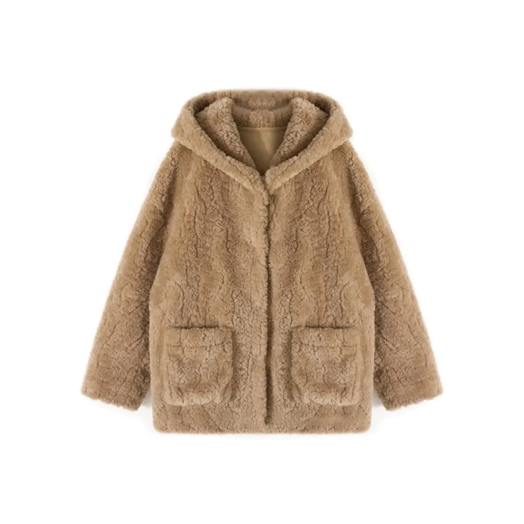 PZGE Молочно-чайный Eco Friendly Овечья шерсть Пальто Женские Меховые изделия