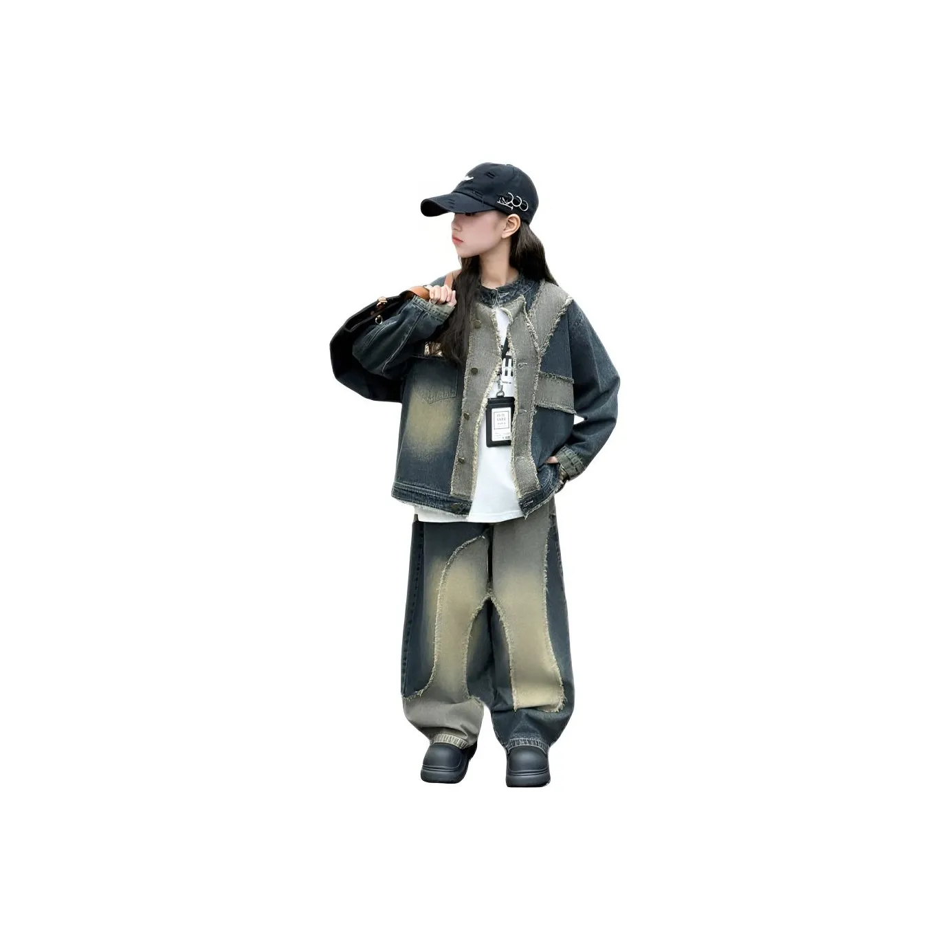 Genius Pooh 2025 Spring AUTUMN Женский Пэчворк Обтрепанный край Деним Винтажный стиль CHIC Топ Брюки Fashion Minimalist Style