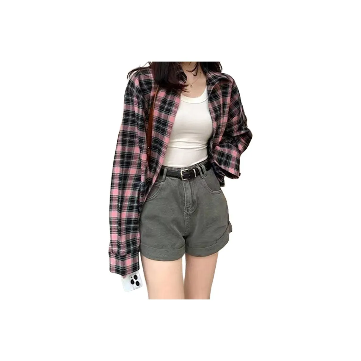 TLONELY1 Черный Розовый Клетка Женская Рубашка